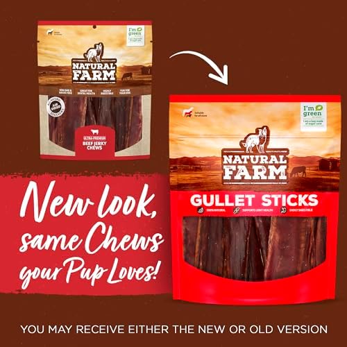 Natural Farm Gullet Sticks (4-5 Inch, 25 Pack), Grain-Free, Preservative-Free & Fully Digestible Beef Esophagus – Gentle Yet Effective Fun - Best for Light, Pups & Senior Chewers