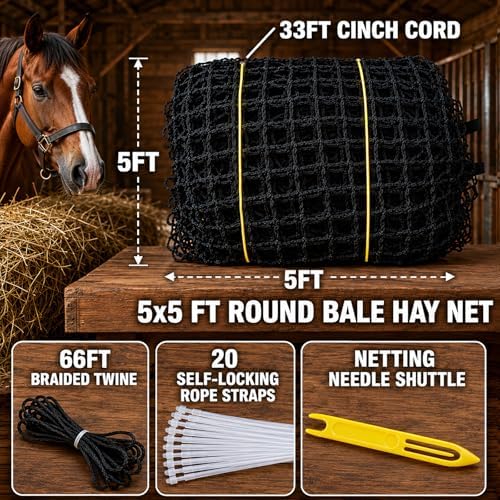 5x5 ft Round Bale Hay Net for Horses & Goats, 1.5" Holes Slow Feeder Hay Nets with Hay Net Repair Tool