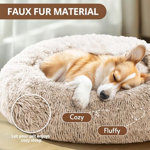 JOLLYVOGUE Calming Dog Bed for Small Dogs - 23 inches Donut Washable Small Dog Bed for Kittens & Puppies, Anti-Slip Round Fluffy Plush Faux Fur Cat Beds (Fits up to 25 lbs Pets, Cream Brown)