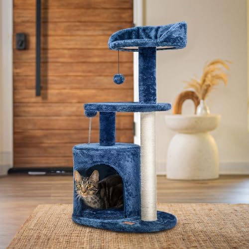 ClevaHome Small Deep Denim Blue Cat Tree for Small Spaces, Kittens, 33.5" Multi-Level Condo with Sisal Scratching Post, Plush Perches & Interactive Pompom Toy for Indoor Cats
