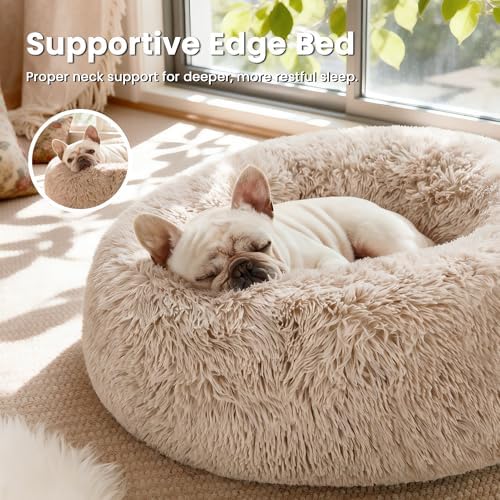 Love's cabin Calming Cat Bed for Indoor Cats, Anti-Anxiety Donut Round Dog Bed,Fluffy Faux Fur Washable Pet Bed for Small Medium Dogs and Cats, Taupe, 24in