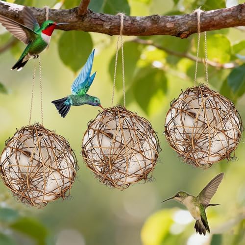 winemana Bird Nesting Material Holder for Hummingbirds, 3 Pack Natural Nesting Balls with Cotton Fibers for Wild Birds Outdoor Hummingbird House Gift for Bird Lovers Refillable