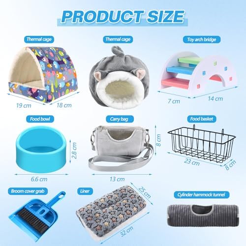 Teenyyou 24 Pcs Small Guinea Pig Starter Kit Essentials for Hamster Cage Accessories Toys House Bed Cage Cleaner Food Bowl Water Holder Carrier Bag Teething Toys Liner Tunnel for Beginner(Blue)