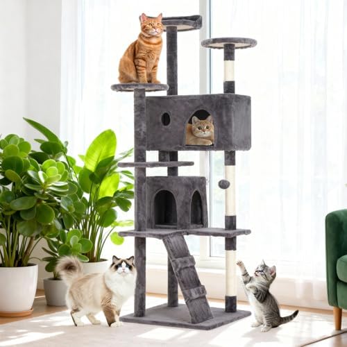 BestOffice 70 Inch Cat Tree, Multi-Level Cat Tower with Condo, Perches, Sisal Scratching Posts, Climbing Ladder,Indoor Activity Center Play House for Kittens & Adult Cats, Light Gray