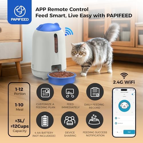 PAPIFEED Automatic Cat Feeder with App, 2.4G WiFi Cat Food Dispenser, 3L Timed Cat Feeders for Dry Food, 10 Meals/Day, 6 Portions/Meal, Dual Power Supply Smart Pet Feeder for Cat, Blue