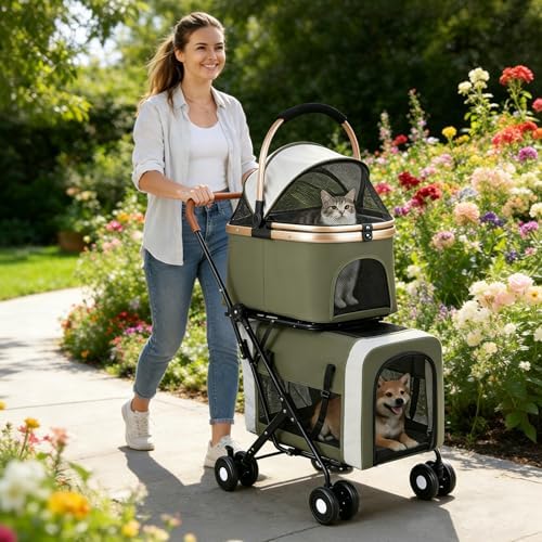 Double Pet Stroller for Dogs and Cats: Dog Stroller Foldable Travel Carriage with Detachable Carriers, Safety Belts, and 4 Lockable Wheels for Small to Medium Pets – Ideal for Multi-Pet Homes (Green)