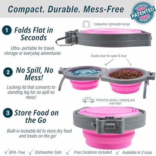 Loving Pets Bella Roma Double Diner Collapsible Dog Bowls - Silicone Dog Bowls, Foldable Bowl, Puppy Essentials & Hiking Pet Supplies Great for Home & Travel (Pink, Medium)