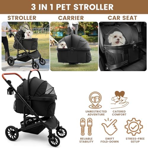 Bicystar Dog Stroller with Detachable Carrier, Rubber Wheels, 50 lbs, Black