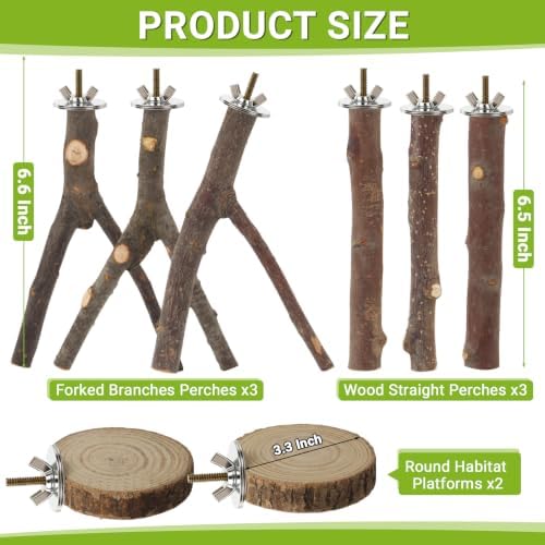 8 Pack Natural Wood Bird Perches for Cage, Wooden Parrot Perch