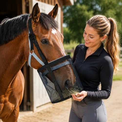 Horse Feed Bag,Heavy Duty Muzzle Feed Bag with Adjustable Strap,Comfort Neck Pad,Nose Pad and Double Waterproof Bottom Mesh Feed Bags for Horse Pack of 2 (Dark Blue & Grey)