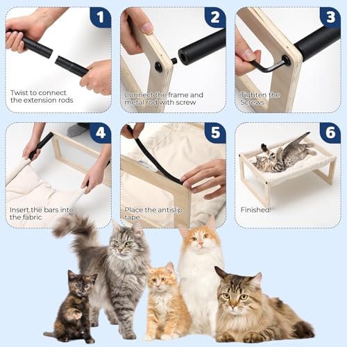 Elevated Cat Bed, Wooden Cat Hammock with Washable Thickened Cozy Cushion