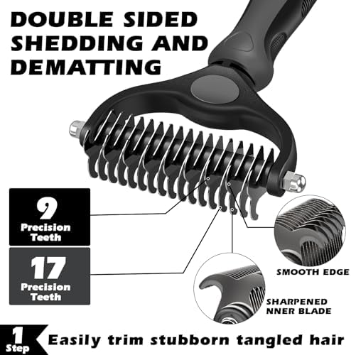 Professional 3PCS Self Cleaning Slicker Brush & Pet Grooming Rake & Flea Comb for Dogs,Cats and Horses | Double-Sided Dematting Comb & Skin Friendly Deshedding Grooming Tool | Pet Supplies (Grey)