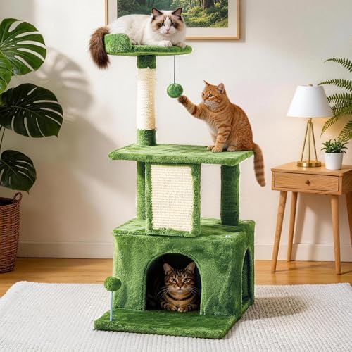 32.8inch Small Cat Tree Tower Condo for Indoor Cats, Soft Plush Multi-Level Climbing Tree Cat House with Cat Cave, Scratching Post, Sisal Rope, Green