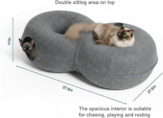 Extra Large 8-Shaped Cat Tunnel Bed 38 x 24 x 11 Inch for Indoor Cats – 2 in 1 Plush Cat Cave & Play Tunnel with Hanging Toy Balls & Bonus Bird Toy, Cozy Hideout for Multiple Cats (Dark Grey)