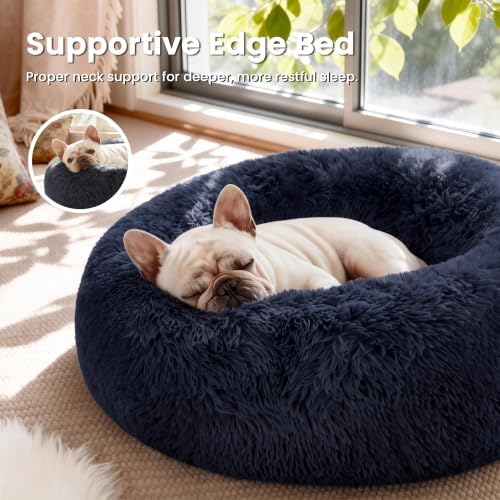 Love's cabin Calming Cat Bed for Indoor Cats, Anti-Anxiety Donut Round Dog Bed, Fluffy Faux Fur Washable Pet Bed for Small Medium Dogs and Cats, Navy, 24in