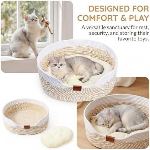 Cat Basket with Cushion, 20 Inch Cotton Rope Pet Sleeping Bed