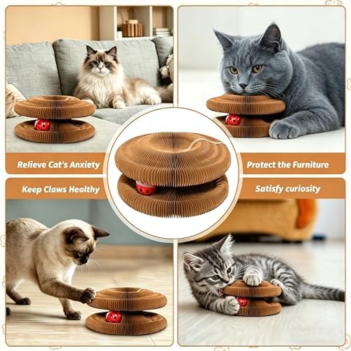 Kitty Curls Cat Toy, Magnetic Magic Organ Cat Scratch Board, Foldable Cat Accordion Toy, Interactive Track Scratcher Pad with Toy Catnip Bell, Durable Eco-Friendly Ring for Play, Chase & Scratch