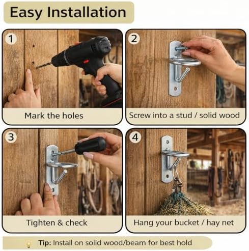 Horse Stall Bucket Hooks, Heavy Duty Metal Ring Bucket Hangers with J-Hook, Wall Mounted Water Feed Bucket Holder for Barn, Stable & Fence, Includes Screws, 4-Pack