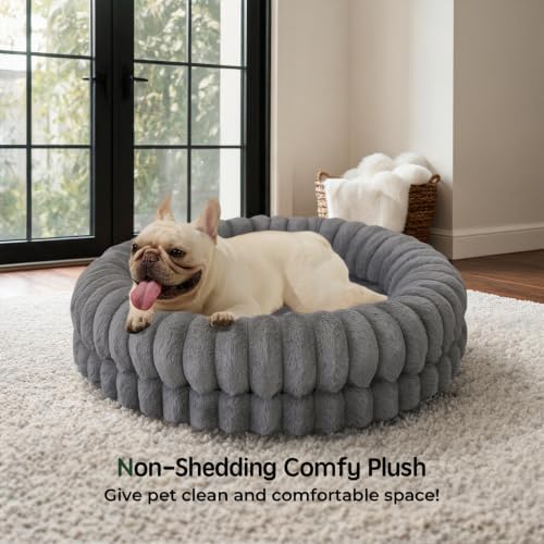 BALANCE Luxury Donut Dog Bed, 30 Inches Round Dog Bed Medium Size Dogs Washable, Orthopedic Calming Dogs Bed for Pets with Anti-Slip Bottom, Gray