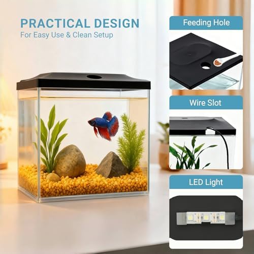 0.8-Gallon Cube Small Fish Tank, Shatterproof Plastic Fish Tank with LED Lighting, Temporary Fish Bowl for Fry, Isolation, Education & Decoration