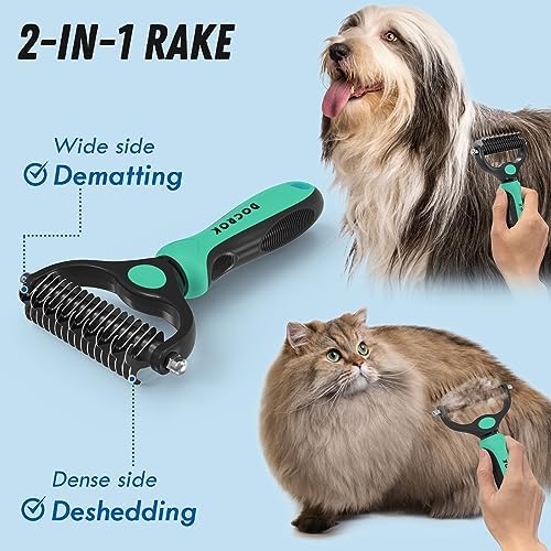 Docrok Pet Grooming Brush and Metal Comb Combo for Dogs & Cats, Green