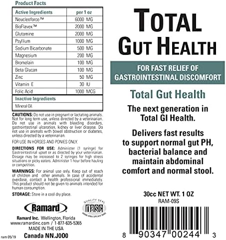Ramard Total Gut Health Equine Digestive Support - Equine Gut Health Supplement Probiotics for Horses, Healthy Gut Vitamins, Gastric Relief, Optimum Digestive Health for Horses 1oz, 1-Pack