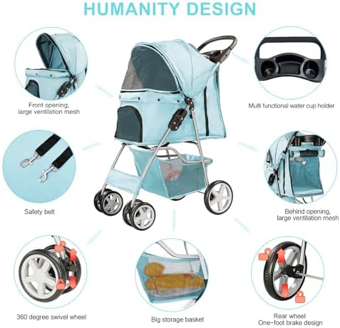 4-Wheel Pet Stroller for Small Dogs and Cats, Up to 33 lb, Blue