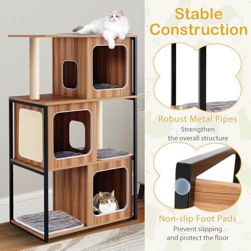 PETSITE 52-inch Wood Cat Tree for Indoor Cats, Multi-Level Solid Metal Framed Wooden Cat Tower with Sisal Scratching Posts and Pad, 3 Condos, and Top Platform with Cat Hole
