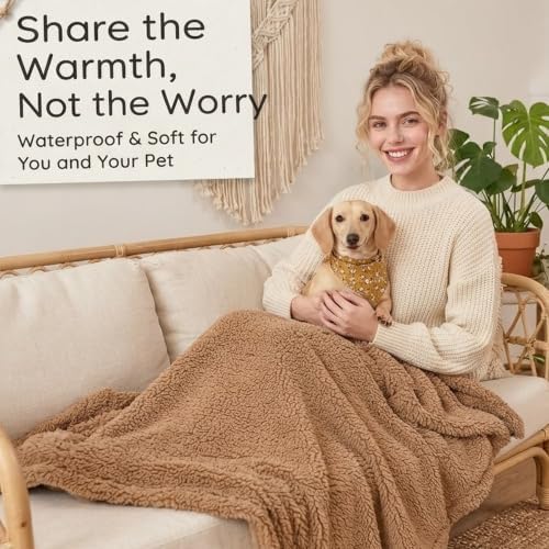 Waterproof Brown Dog Throw Blanket for Pet Couch Puppy Blankets Cover Fluffy Jacquard Fleece Leakproof Blankets Dark Color Sofa Couch Covers Mats Warm Washable-Camel,S