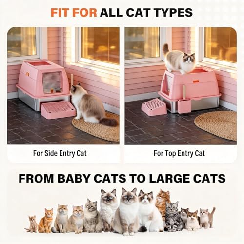 Stainless Steel Litter Box with Lid, Extra Large Enclosed Cat Litter Pan for Big Cats, High Sided Metal Litter Box with Enclosure, Front & Top Entry, Easy Clean, Anti-Leakage, Includes Scoop, Pink
