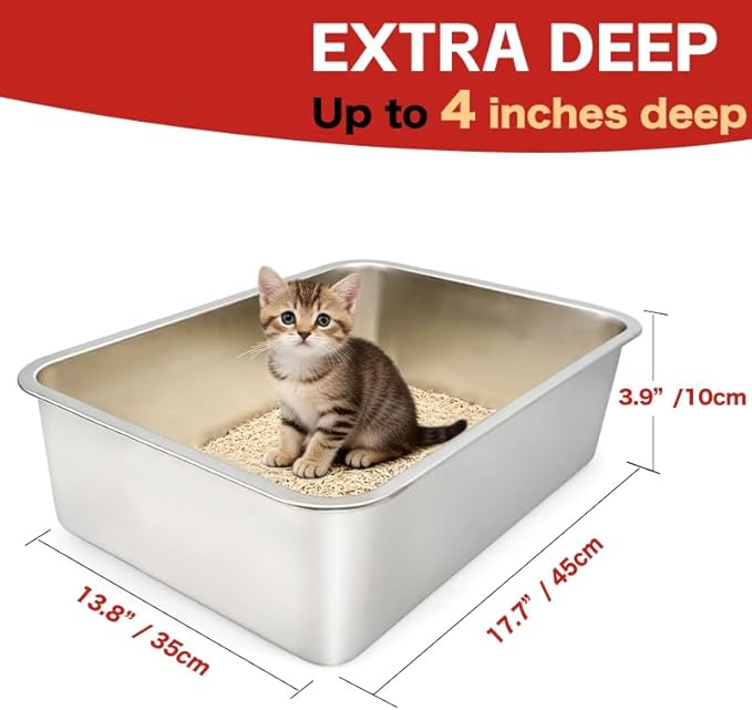Stainless Steel Cat Litter Box, (17.7" x 13.7" x 4") Metal Litter Box for Kitty and Rabbits, No Odor Left & Non Stick Surface, Rust & Stain Resistant, Easy to Clean