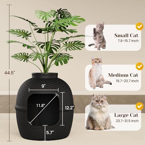 FansaFurn Large Cat Litter Box, Hidden Litter Box with Faux Plant, Heavy Duty Litterbox Enclosure Furniture with Rattan Pattern, PP Cat Box Enclosure Furniture for Living Room, Bedroom, Black