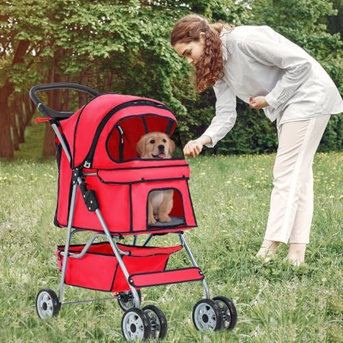 FDW | 4-Wheel Foldable Pet Stroller | Red | Lightweight & Portable