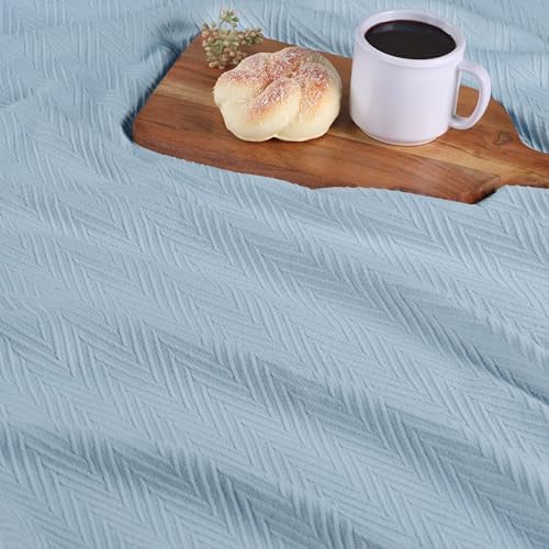 Superior Metro All-Season Cotton Blanket, Woven Blanket for Couch, Bed, Bedding, Farmhouse, Home Essentials, Cute and Cozy Bohemian Blankets, Herringbone Weave, King, Light Blue