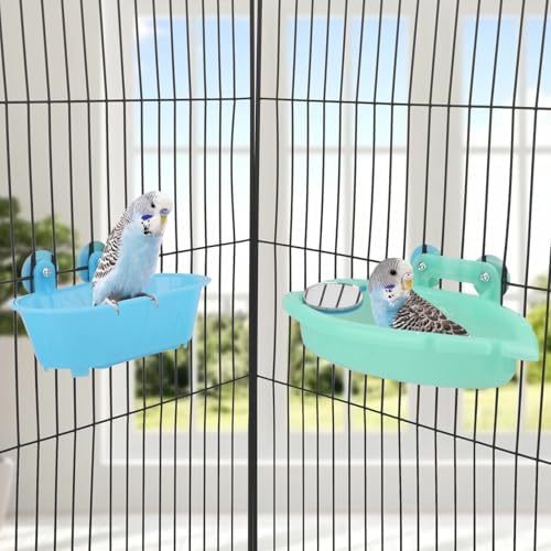 Wontee Bird Bath with Mirror for Small Birds Budgie Parakeet Cage, 2 Pcs