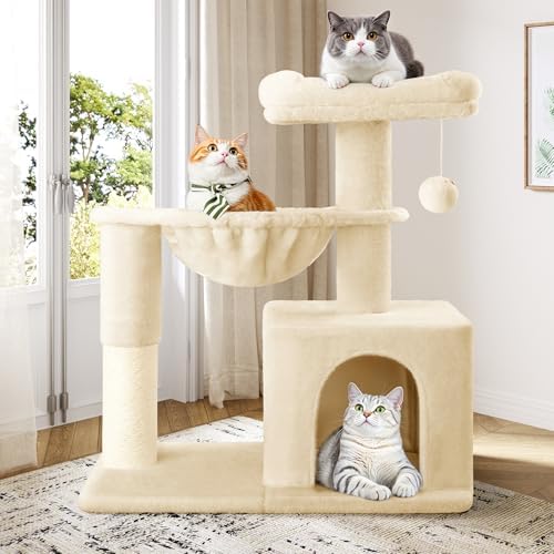 Allewie 29.5in Indoor Cat Tree, Multi-Level Cat Tower with Sisal Scratching Posts, Padded Perch, Basket, Condo, and Hanging Ball, Suitable for Kittens and Adult Felines,Beige