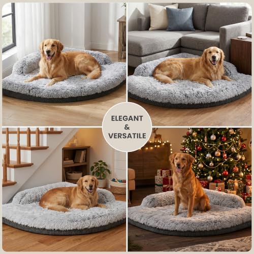 Corner Dog Bed Large, 39" Calming Fluffy Orthopedic Pet Beds, Grey