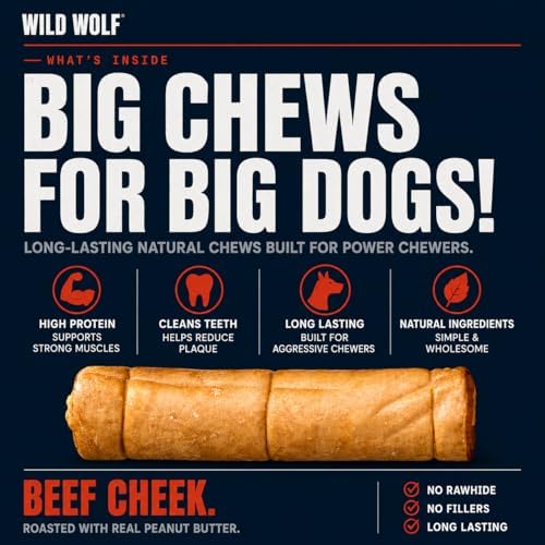 Wild Wolf 9-12" Peanut Butter Beef Collagen Cheek Rolls for Dogs (4 Pack) - 100% Natural Big Dog Chew - No Rawhide - Free-Range Grass-Fed, Packed with Protein - for Aggressive Chewers