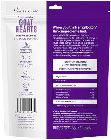 smallbatch Freeze Dried Novel Protein Goat Heart Treats for Dogs & Cats,3oz