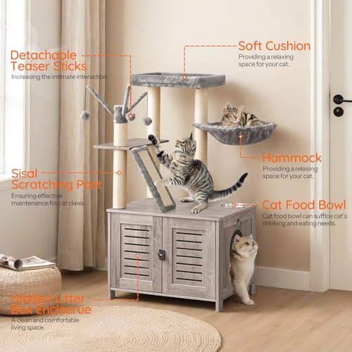 HOOBRO Cat Tree with Litter Box Enclosure, 44" Tall Wooden Cat Tower with Scratching Posts, Cat Hammock, Hidden Litter Box Furniture, All-in-One Indoor Cat Condo, Greige BG48MZ03