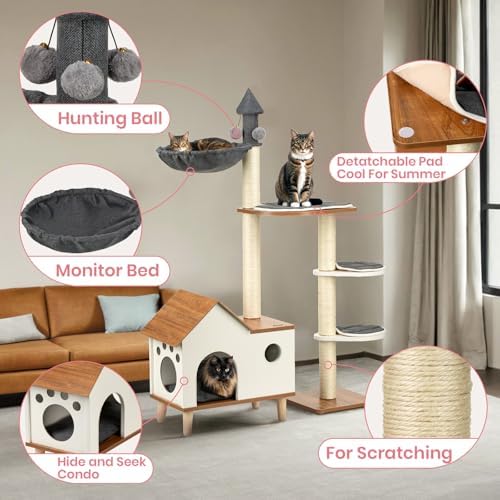 Happy & Polly Modern Cat Tree for Indoor Cats - 45" Wooden Cat Tower with Sisal Scratching Posts, Cat House, Removable Pads Multi-Level Cat Tower Activity Center for Small Large Cats