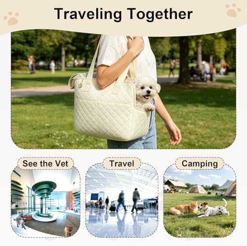 YooxArmor Dog Purse Carrier for Small Dogs & Cats, Foldable Soft Tote for 5-14lbs Pets, Large Pockets, Safety Leash & Removable Mat for Walking Shopping Outdoor, White