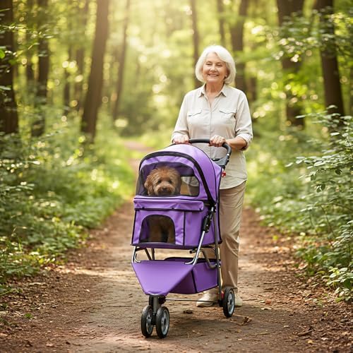BestOffice Pet Stroller for Small Medium Dogs & Cats, 3-Wheel Foldable Dog Stroller with Cup Holder, Lightweight Travel Carrier, Waterproof Design for Outdoor Walks, Purple