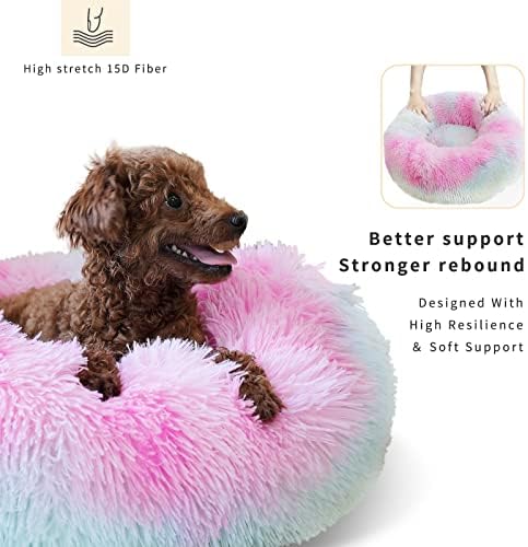 nononfish Calming Donut Beds for Small Dog Washable, 19 Inch Fluffy Round for Puppies, Cats & Toy Breeds with Raised Rim, Fits up to 15 lbs Pets, Multi Colored