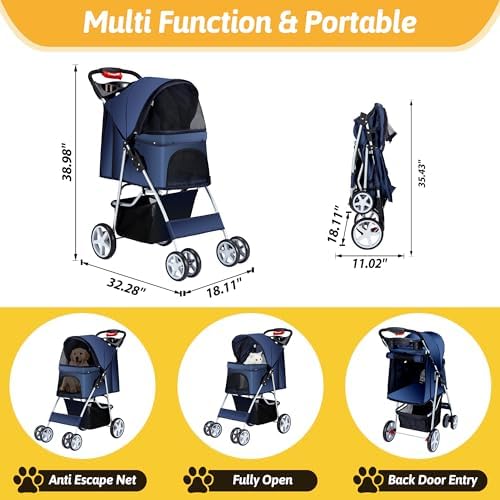 Foldable Pet Stroller 4 Wheels for Small Medium Dogs Cats,Blue