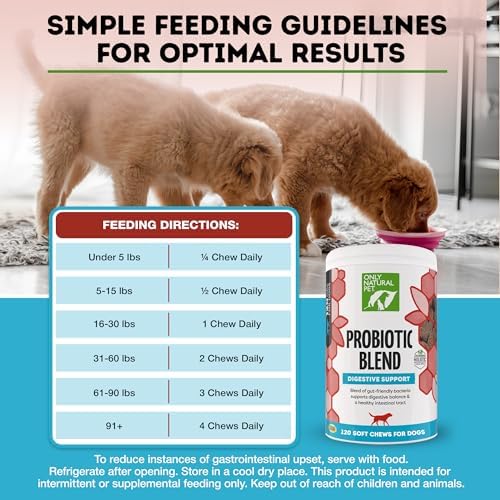 Only Natural Pet Probiotic Dog and Cat Supplement - Digestive & Gut Health Enzyme Formula, Puppy & Canine Digestive Chews, Best for Stomach Relief & Gas Aid - Soft Chews, 120 Count.
