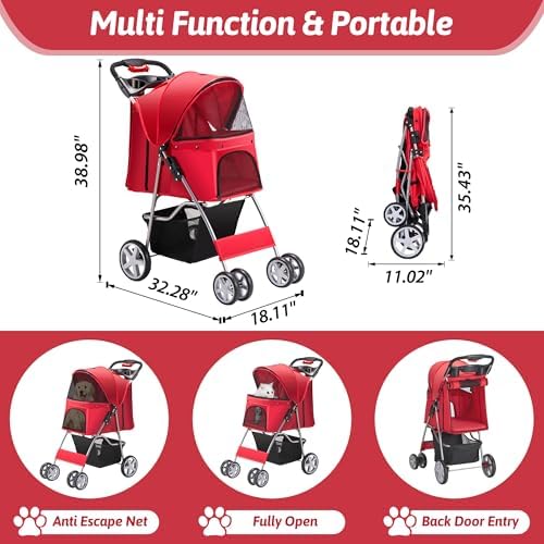 Foldable Pet Stroller 4 Wheels for Small Medium Dogs Cats,Red