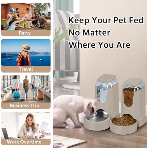 2 Pack Automatic Cat Feeder and Stainless Steel Water Dispenser, Gravity Dog Waterer Set Food Feeder and Waterer Set for Small Medium Kitten Puppy Pets(1 Gallon x 2, Brown)