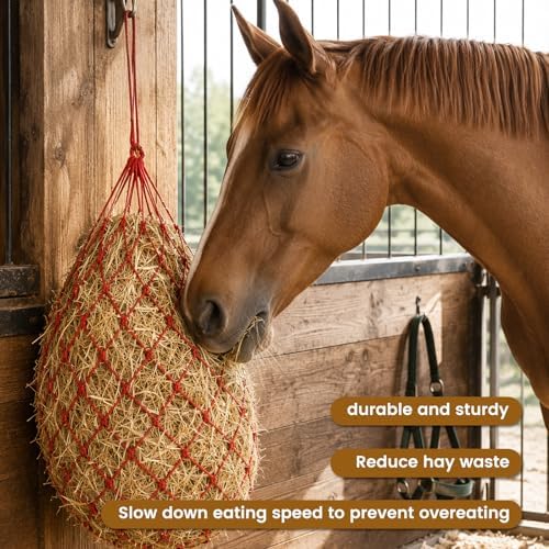 Slow Feed Hay Nets for Horses, 2 Pack, 40 Inch, 2 Inch Holes, Red