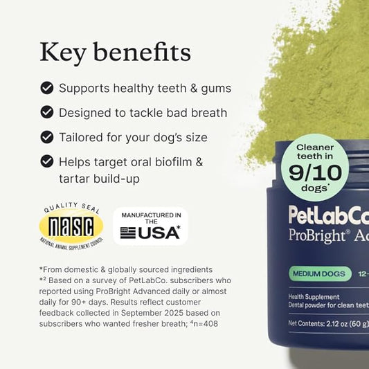 PetLab Co. ProBright Advanced Dental Powder - Dog Breath Freshener - Teeth Cleaning Made Easy – Targets Tartar & Bad Breath - Packaging May Vary - Formulated for Medium Size Dogs